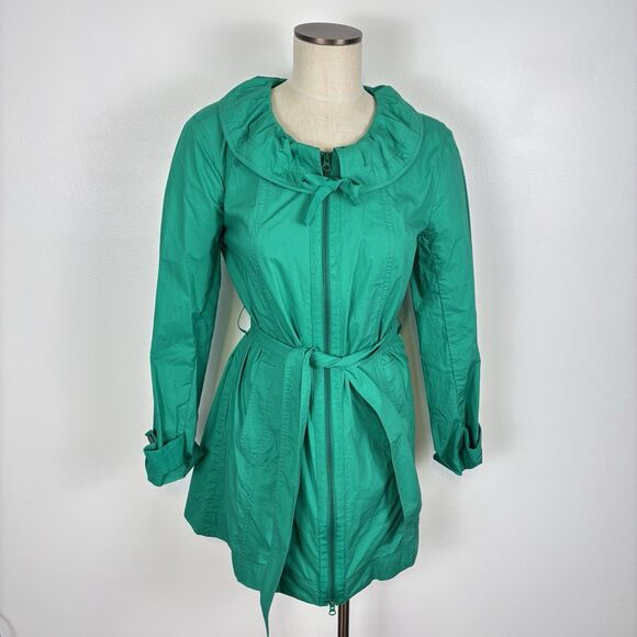 Kristin Davis Med Green Lightweight Trench Coat Style Jacket Ruffle Collar Belt - Picture 1 of 9